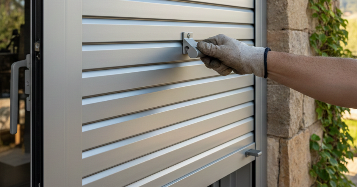 شخص يقوم برفع شتر شباك يدوي مصنوع من الألمنيوم الفضي باستخدام المقبض المدمج، مما يوفر حماية وخصوصية للمنزل بطريقة سهلة.