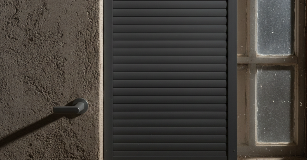 عملية إغلاق شتر شباك يدوي رمادي باستخدام ذراع التدوير (الهندل) المثبت بجانب النافذة الخشبية، لضمان العزل الحراري والأمان.