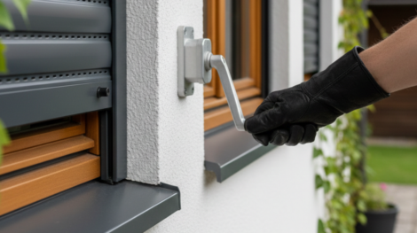 شتر شباك يدوي باللون الأسود الفاخر يغطي النافذة بالكامل، مع مقبض تشغيل جانبي مثبت على الحائط بتصميم عصري وأنيق.