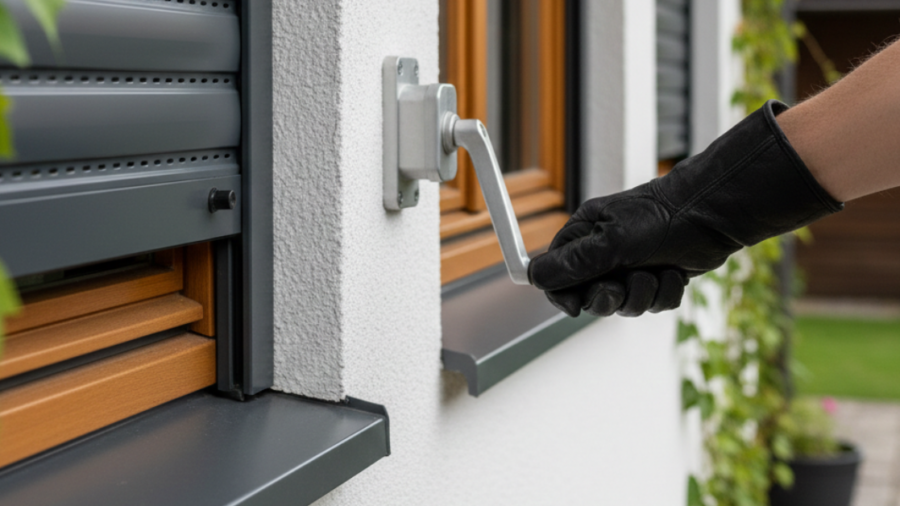 شتر شباك يدوي باللون الأسود الفاخر يغطي النافذة بالكامل، مع مقبض تشغيل جانبي مثبت على الحائط بتصميم عصري وأنيق.