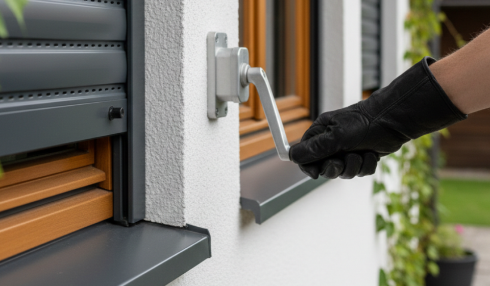 شتر شباك يدوي باللون الأسود الفاخر يغطي النافذة بالكامل، مع مقبض تشغيل جانبي مثبت على الحائط بتصميم عصري وأنيق.