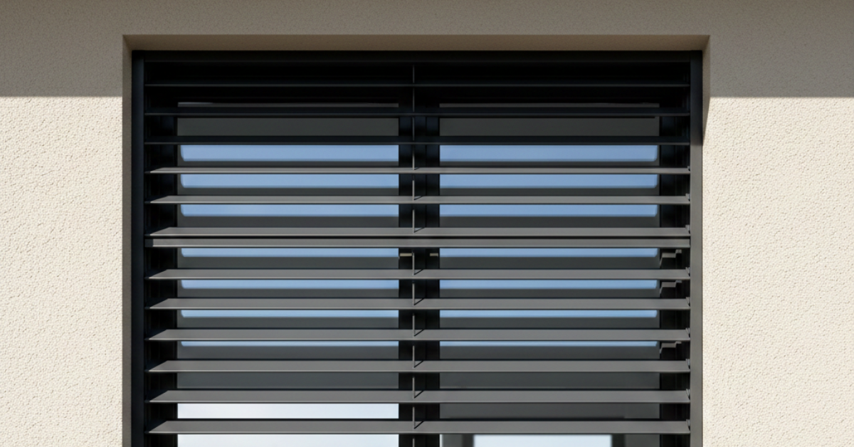 شتر نوافذ خارجي بنظام الشرائح القابلة للتعديل (لوفرز) باللون الأسود، يسمح بمرور الضوء والتهوية مع الحفاظ على الخصوصية.