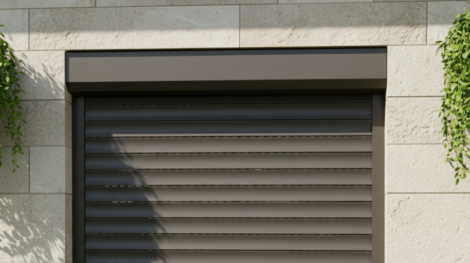 تصميم عصري لتركيب شتر نوافذ خارجي بلون رمادي غامق (أنتراسيت) مدمج في واجهة حجرية مع ديكور نباتات خارجية.