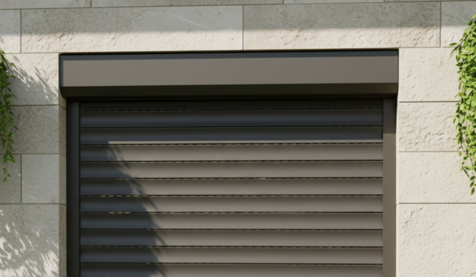تصميم عصري لتركيب شتر نوافذ خارجي بلون رمادي غامق (أنتراسيت) مدمج في واجهة حجرية مع ديكور نباتات خارجية.