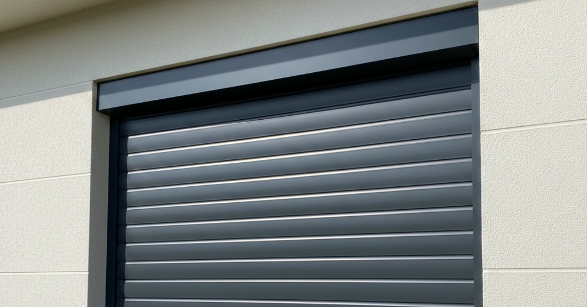 مظهر جانبي لـ شتر نوافذ خارجي ألومنيوم كهربائي مثبت على نافذة واسعة لتعزيز خصوصية وأمان المنزل.