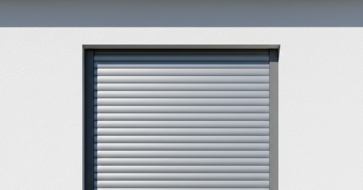 نافذة منزل حديثة مغطاة بـ شتر نوافذ خارجي بلون فضي فاتح لتوفير الحماية والعزل الحراري للواجهات البيضاء.