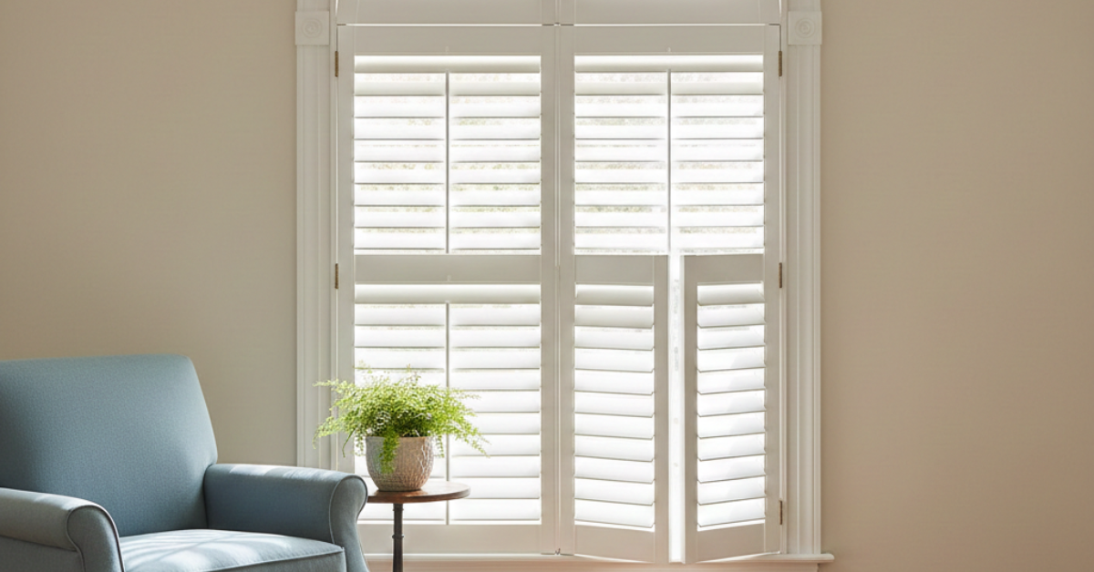 شتر نوافذ داخلي خشبي باللون الأبيض في غرفة معيشة كلاسيكية، يظهر قدرة الشتر على عزل الحرارة وتجميل الديكور الداخلي.