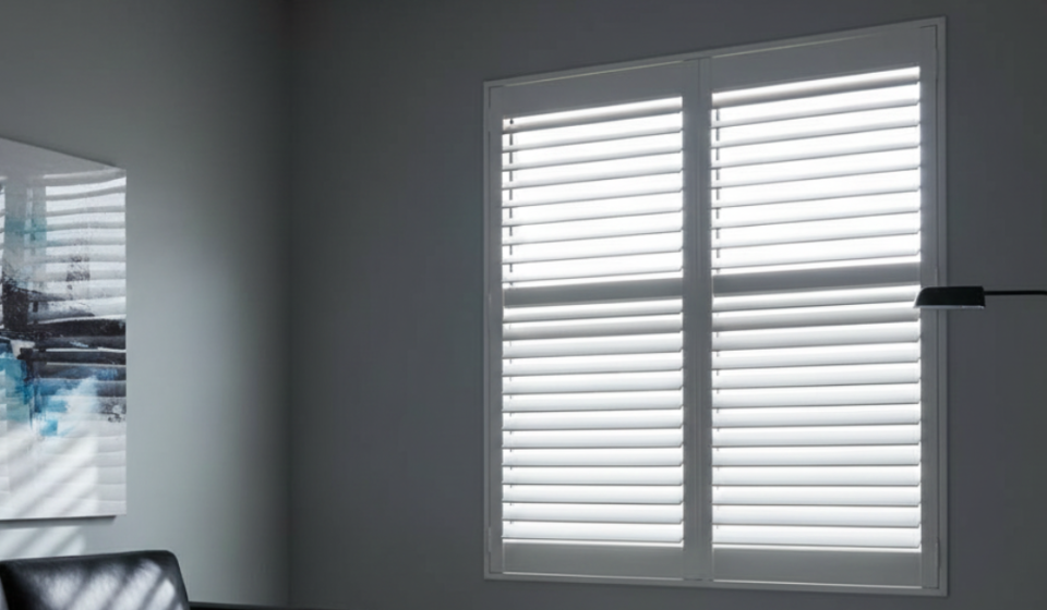 تصميم عصري لغرفة معيشة تحتوي على شتر نوافذ داخلي مغلق جزئياً، يوضح كيفية التحكم في الظلال وتوجيه أشعة الشمس داخل الغرفة.