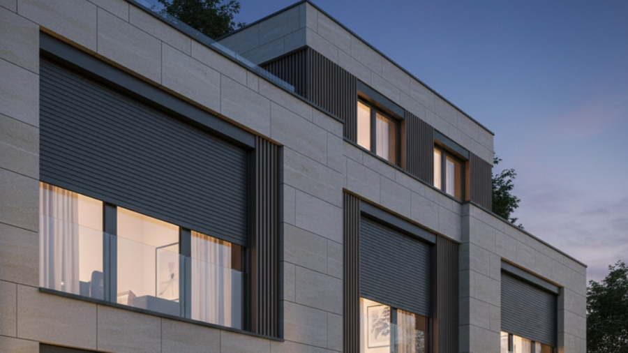 نظام شتر نوافذ كهربائي ذكي مثبت على نوافذ كبيرة لواجهة من الطوب البني، مع ظهور لوحة تحكم حائطية رقمية للتشغيل عن بُعد.