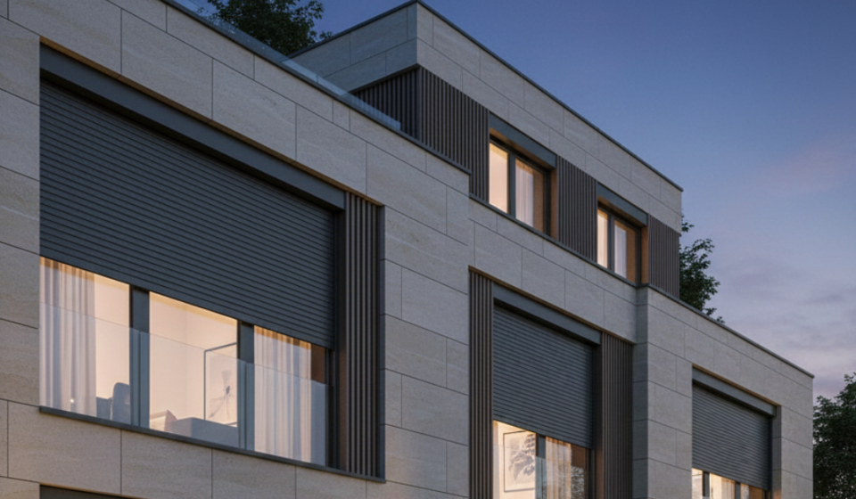 نظام شتر نوافذ كهربائي ذكي مثبت على نوافذ كبيرة لواجهة من الطوب البني، مع ظهور لوحة تحكم حائطية رقمية للتشغيل عن بُعد.