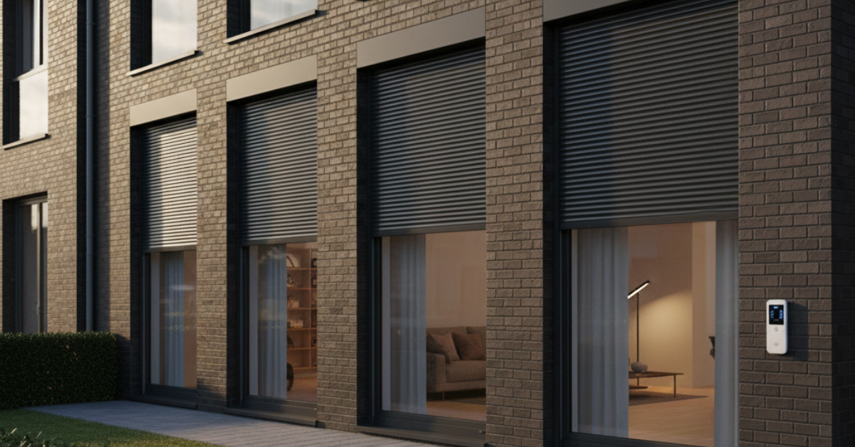 واجهة منزل مودرن مغطاة بالحجر الطبيعي تظهر تركيب شتر نوافذ كهربائي باللون الرمادي الغامق بتصميم مدمج وأنيق.