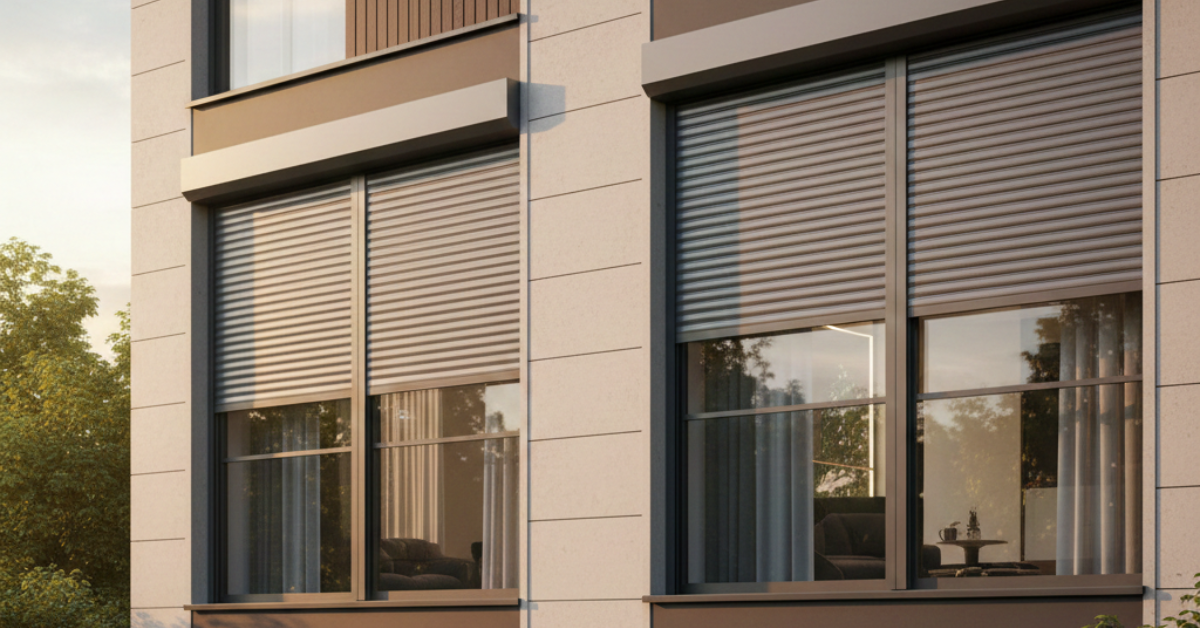 لقطة قريبة توضح تفاصيل شفرات وصندوق شتر نوافذ كهربائي من الألمنيوم، بتصميم عصري يضمن الخصوصية والأمان للمنزل.