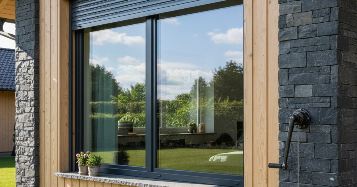 نافذة كبيرة بإطار أسود محاطة بالخشب والحجر الطبيعي، يعلوها شتر نوافذ يدوي مدمج، مع مقبض تدوير كلاسيكي مثبت على الجانب لتسهيل عملية الرفع والإنزال اليدوي.