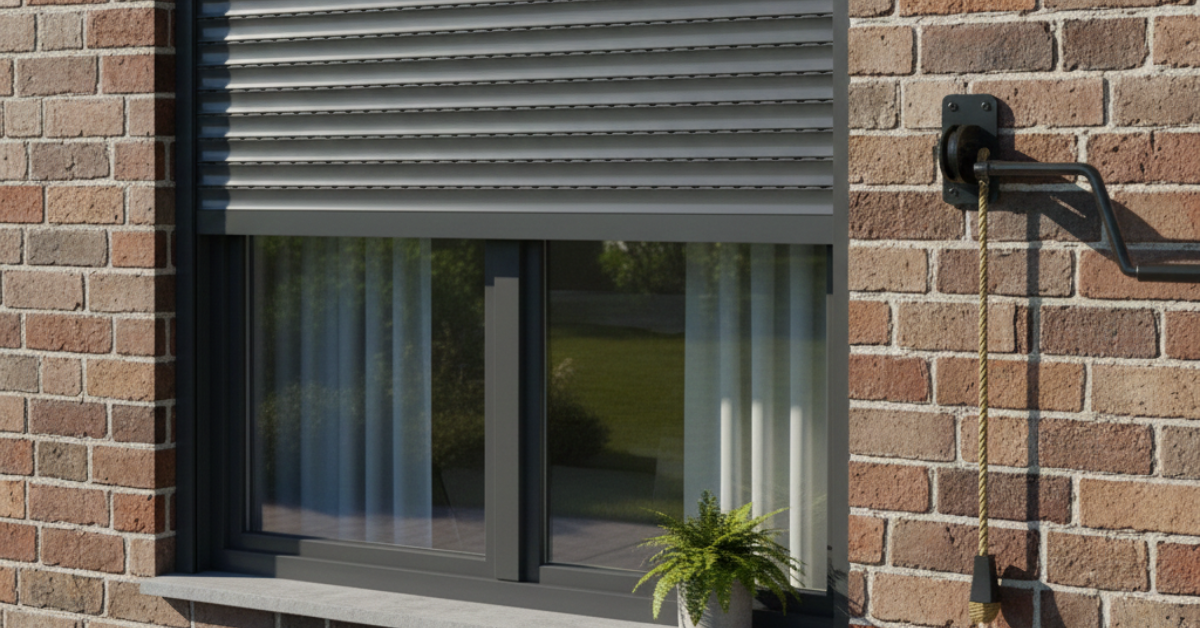 واجهة منزل من الطوب الأحمر مثبت عليها شتر نوافذ يدوي باللون الرمادي الغامق، يظهر فيه المقبض اليدوي الجانبي مع حبل للتحكم في مستوى الإغلاق والفتح فوق نافذة زجاجية.