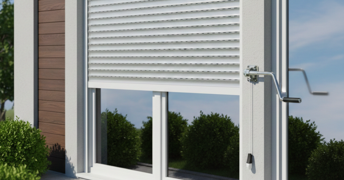 تصميم عصري لنافذة بيضاء مزودة بـ شتر نوافذ يدوي بلون فاتح، يوضح آلية التشغيل اليدوية عبر ذراع تدوير معدنية مثبتة على الجدار الخارجي للتحكم في الإضاءة والخصوصية.