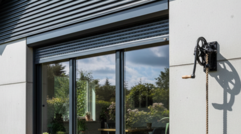 لقطة قريبة لتركيب شتر نوافذ يدوي على نافذة زجاجية واسعة، يظهر فيها الترس الخارجي والحبل المتصل بمقبض التدوير، مما يوفر حماية يدوية فعالة ضد الشمس والسرقة.