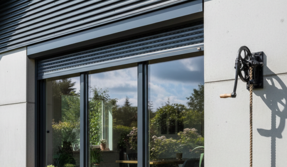 لقطة قريبة لتركيب شتر نوافذ يدوي على نافذة زجاجية واسعة، يظهر فيها الترس الخارجي والحبل المتصل بمقبض التدوير، مما يوفر حماية يدوية فعالة ضد الشمس والسرقة.