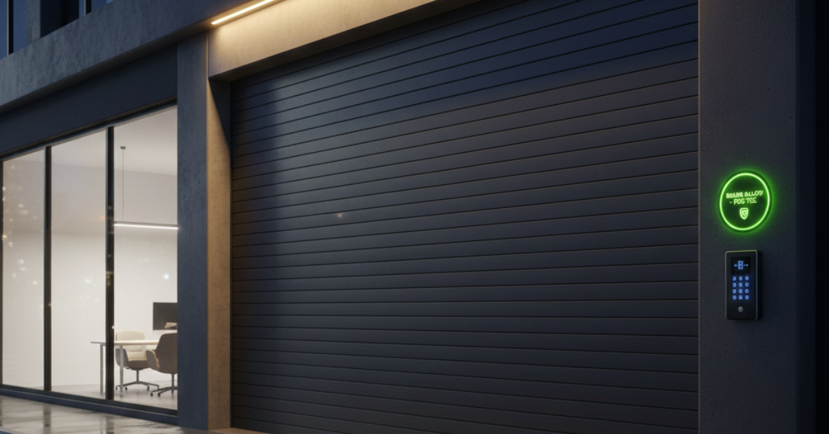 واجهة محل تجاري محمية بنظام إغلاق آلي متطور يوضح هل الشتر يحمي من السرقة من خلال توفير حاجز معدني صلب يصعب اختراقه