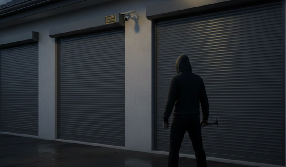 شخص يحاول اختراق بوابة أمنية، مما يطرح تساؤل الكثيرين هل الشتر يحمي من السرقة فعلياً ويوفر الأمان اللازم للمباني والمستودعات؟