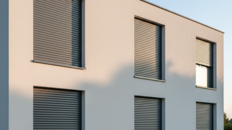 واجهة مبنى حديث بنوافذ متعددة مزودة بشتر رول خارجي، مع توضيح أهمية تناسق المقاسات لتجنب أخطاء اختيار الشتر التي تؤثر على المظهر الخارجي.