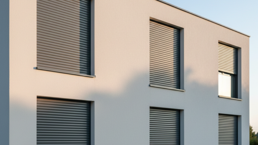 واجهة مبنى حديث بنوافذ متعددة مزودة بشتر رول خارجي، مع توضيح أهمية تناسق المقاسات لتجنب أخطاء اختيار الشتر التي تؤثر على المظهر الخارجي.