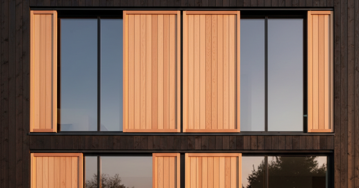 نوافذ كبيرة مغطاة بألواح شتر خشبية طولية منزلقة، تبرز كيف أن اختيار خامات غير مناسبة للبيئة المحيطة يعد من أشهر أخطاء اختيار الشتر.