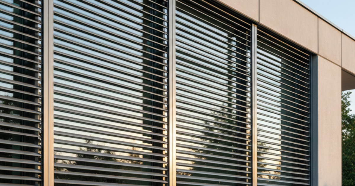 لقطة قريبة لنظام شتر معدني ذو شرائح أفقية واسعة، توضح ضرورة اختيار المسافات الصحيحة بين الشرائح لتفادي أخطاء اختيار الشتر المتعلقة بالخصوصية والإضاءة.