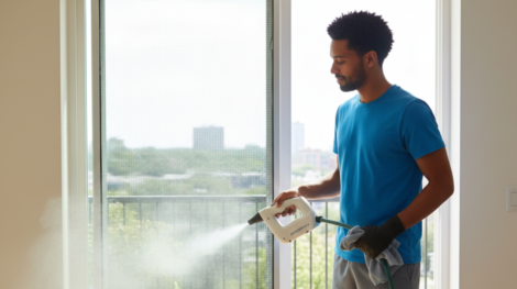 رجل يستخدم جهاز بخار يدوي لـ تنظيف شبك الناموس في النافذة بعمق وبطريقة سريعة تحافظ على جودة السلك.