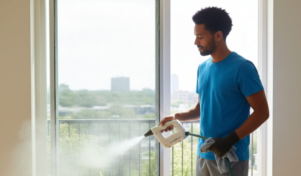 رجل يستخدم جهاز بخار يدوي لـ تنظيف شبك الناموس في النافذة بعمق وبطريقة سريعة تحافظ على جودة السلك.
