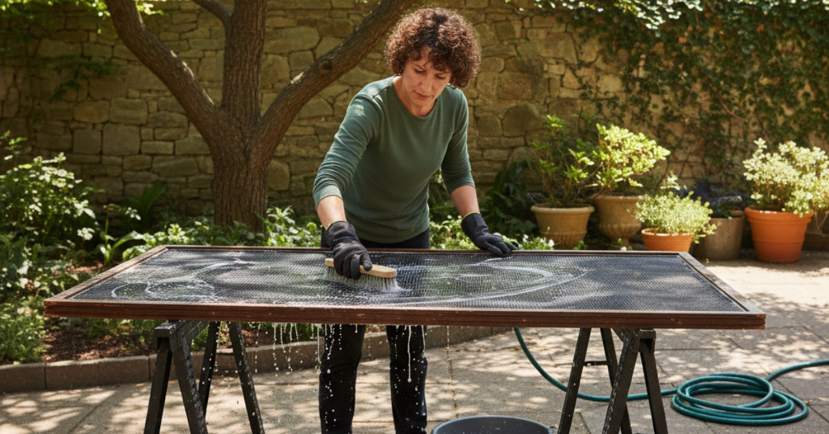 امرأة تقوم بـ تنظيف شبك الناموس وهو ممدد على طاولة عمل خارجية باستخدام الصابون وفرشاة خشنة لإزالة الأوساخ الصعبة.