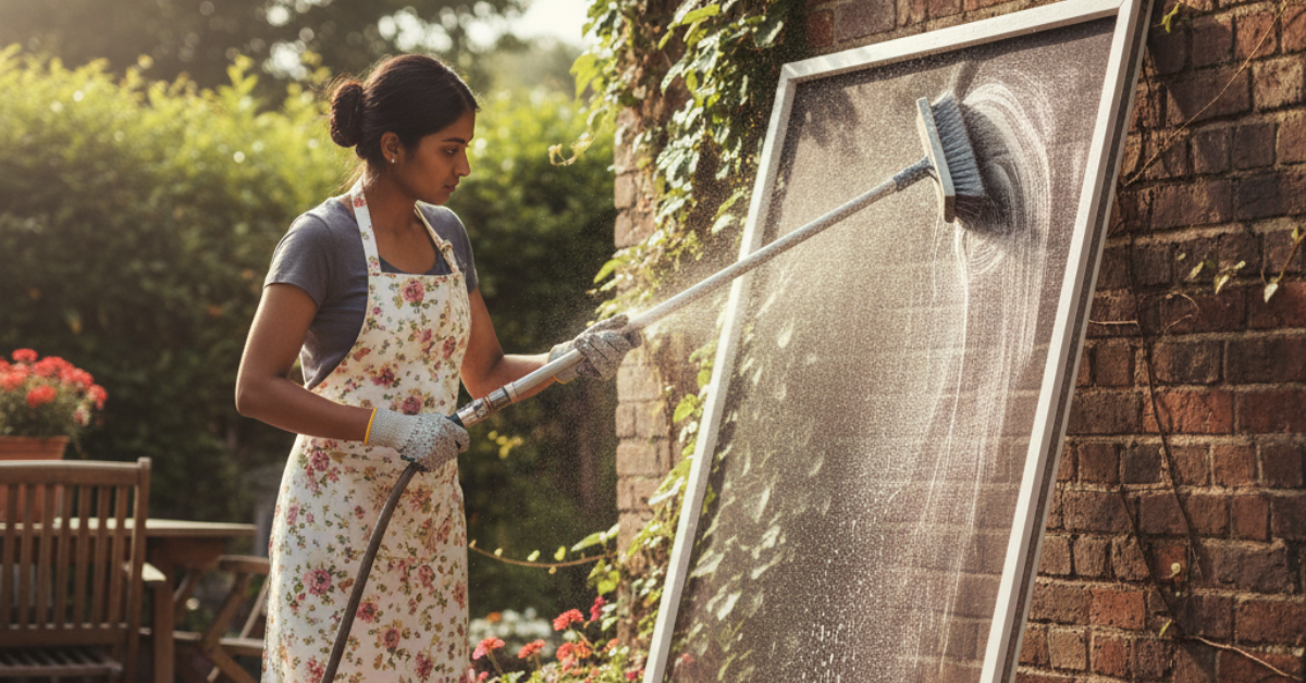 سيدة في الحديقة تستخدم فرشاة طويلة وخرطوم مياه لـ تنظيف شبك الناموس ذو الحجم الكبير بفعالية وسهولة.