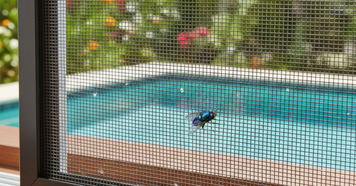 شبك نامس ألمنيوم عالي الجودة مثبت على نافذة تطل على مسبح، وتظهر ذبابة تحاول اختراق المسام الضيقة للشبك دون جدوى.