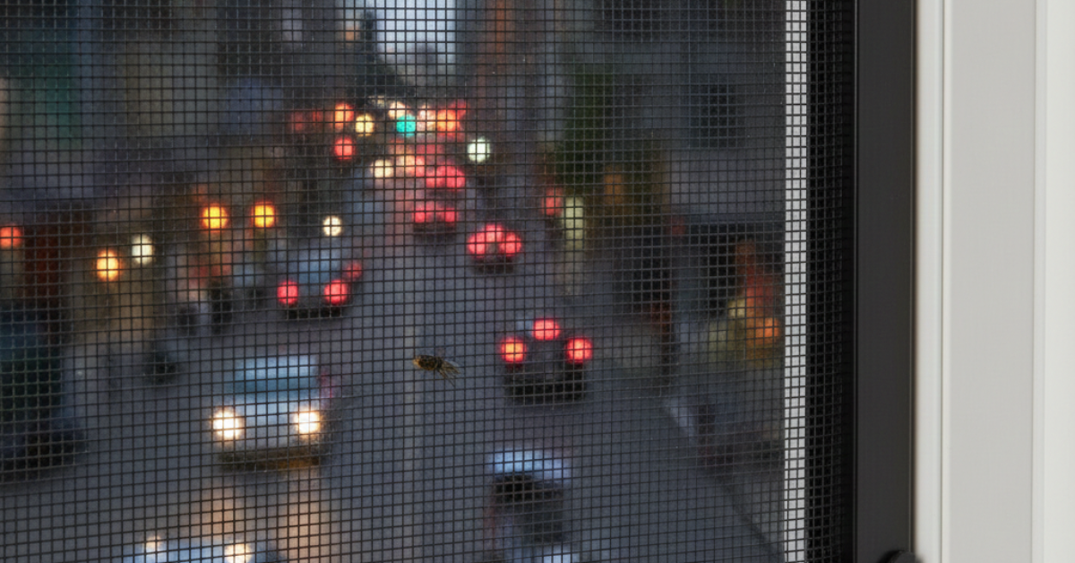 إطار نافذة مودرن يضم شبك نامس ألمنيوم أسود يطل على شارع مدينة ليلاً، يظهر فعالية الشبك في منع دخول الحشرات مع الحفاظ على وضوح الرؤية.