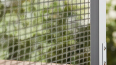 لقطة قريبة توضح دقة تصنيع شبك نامس ألمنيوم مثبت في إطار فضي، يظهر خلفه حديقة خضراء، مما يبرز شفافية الشبك وقوته في الحماية.