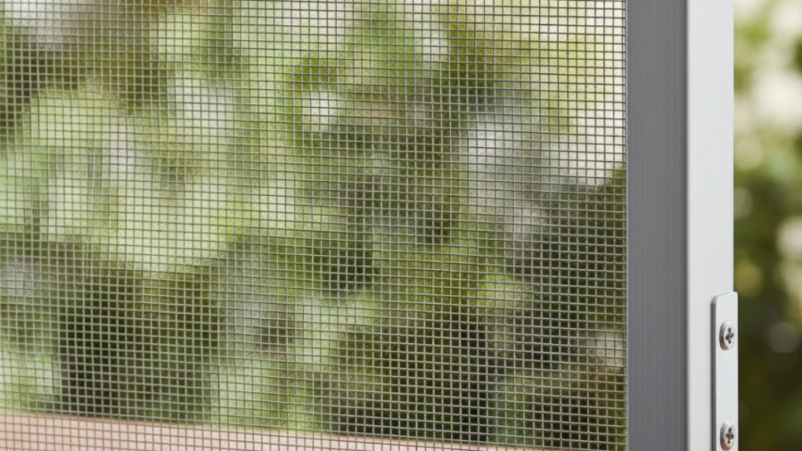 لقطة قريبة توضح دقة تصنيع شبك نامس ألمنيوم مثبت في إطار فضي، يظهر خلفه حديقة خضراء، مما يبرز شفافية الشبك وقوته في الحماية.