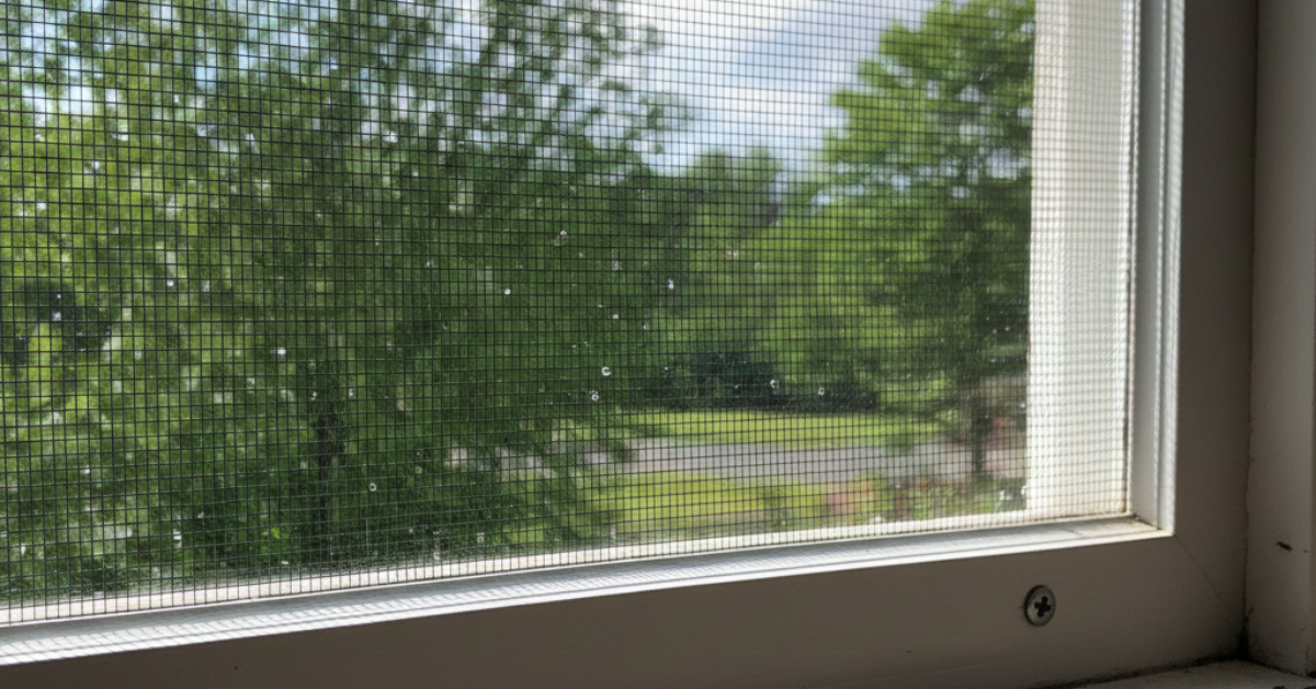 تفاصيل دقيقة لنسيج شبك نامس بإطار ثابت مثبت على نافذة، يوضح جودة فتحات الشبك التي تمنع دخول الحشرات مع السماح بمرور الضوء.