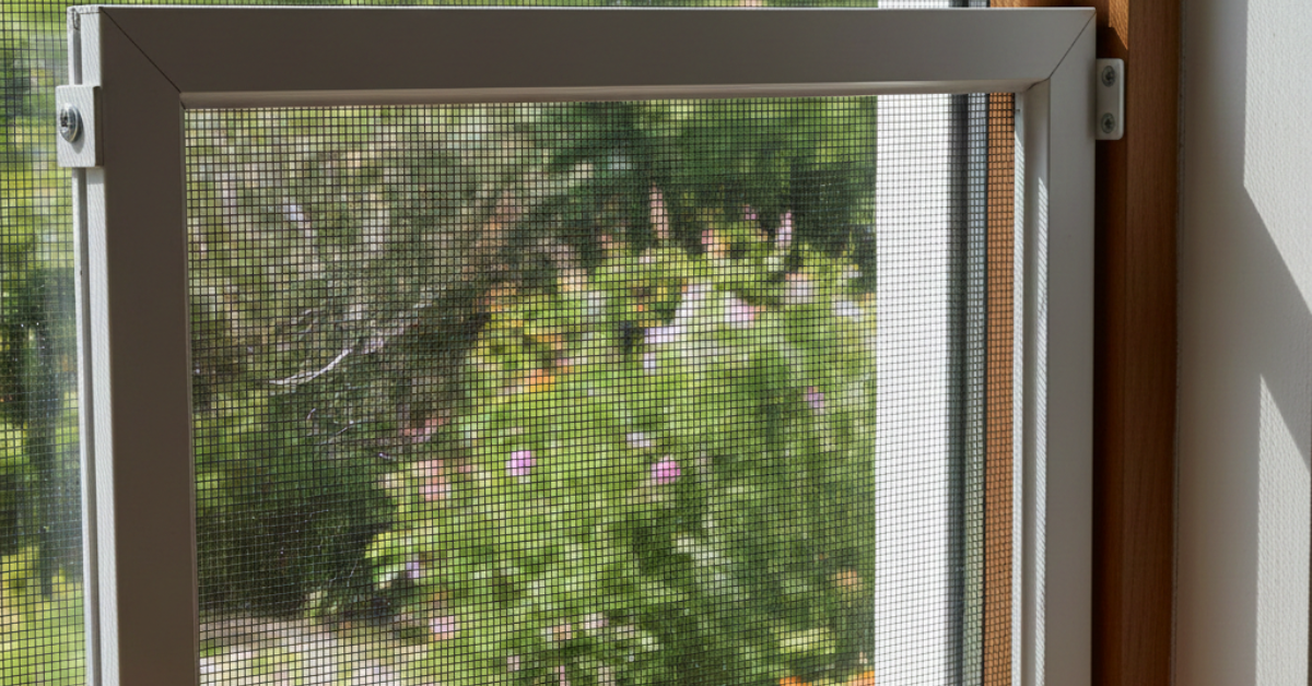 لقطة قريبة توضح زاوية شبك نامس بإطار ثابت من الألمنيوم الأبيض مثبت ببراغي متينة على نافذة خشبية.