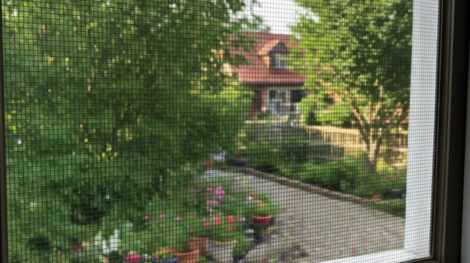 إطلالة من نافذة منزلية مغطاة بـ شبك نامس بإطار ثابت، توفر حماية فعالة ضد الناموس والحشرات مع الحفاظ على الرؤية الخارجية.