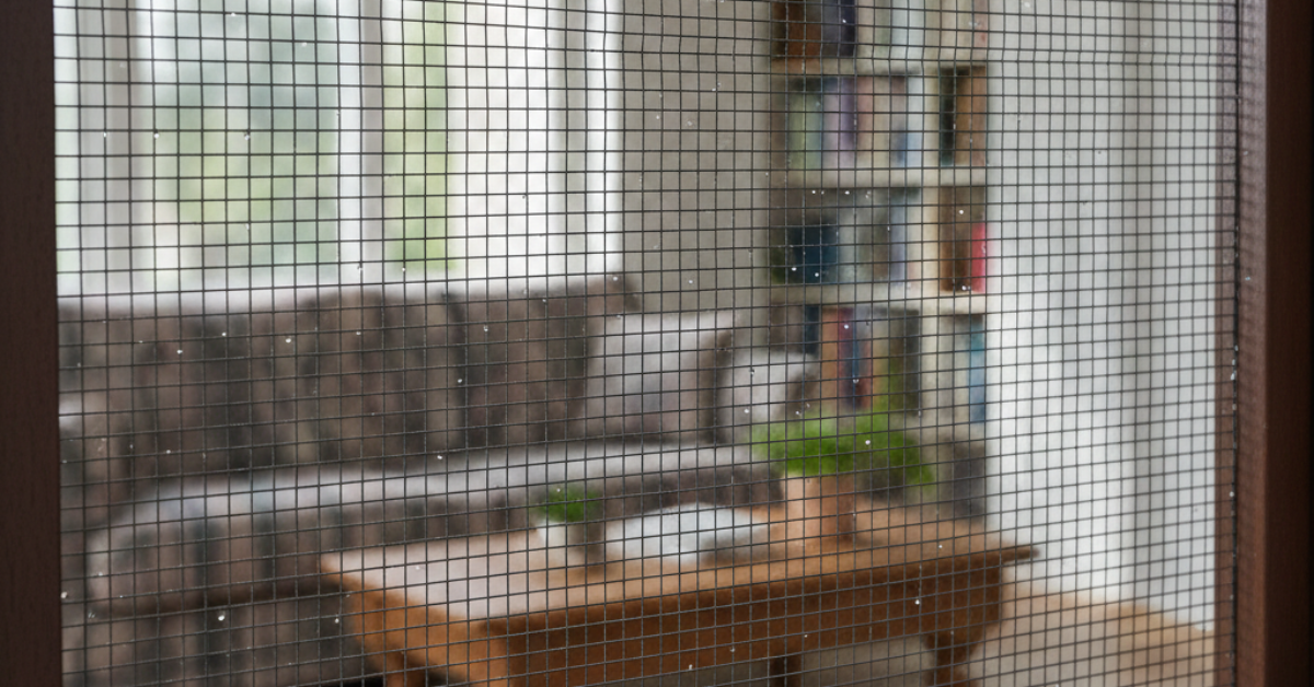 شبك نوافذ فايبر مركب على نافذة غرفة معيشة يظهر بوضوح عالٍ لا يحجب الرؤية الداخلية.