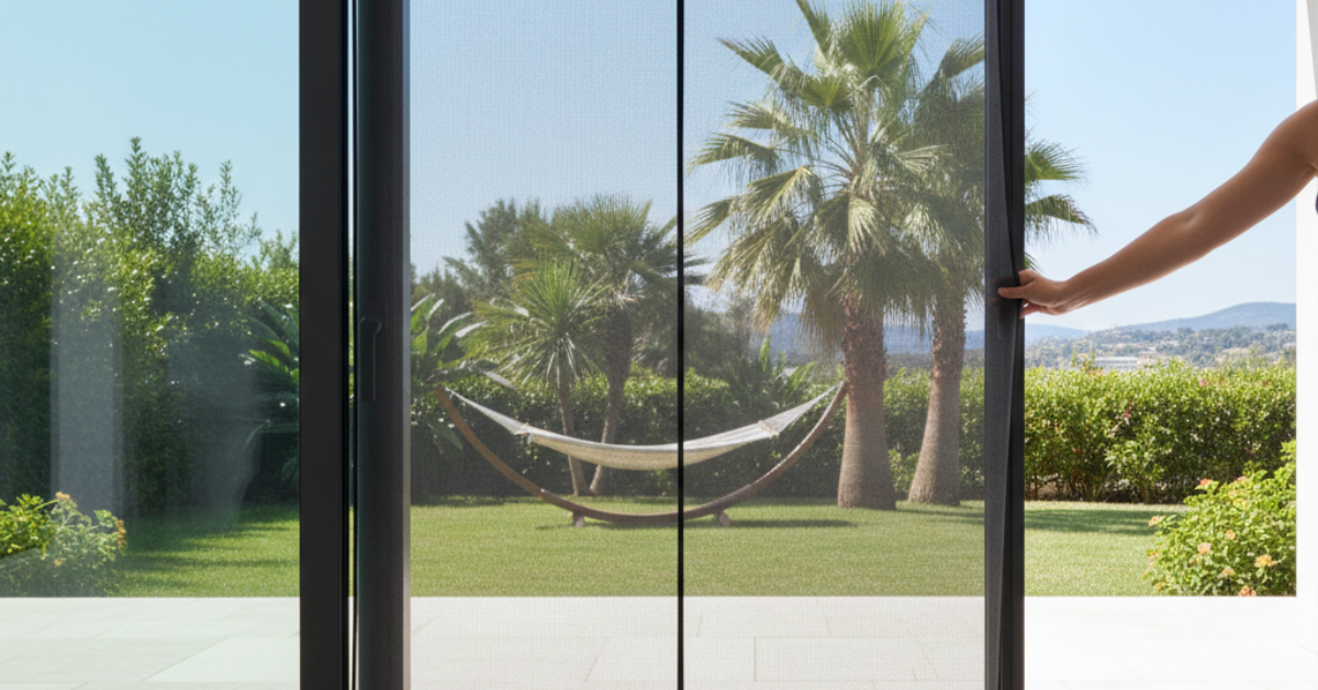 إغلاق شبك نامس متحرك بتصميم عصري شفاف يسمح برؤية واضحة للحديقة الخارجية التي تحتوي على أشجار نخيل وأرجوحة.