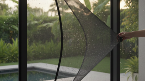 لقطة قريبة توضح سهولة استخدام شبك نامس متحرك على واجهة زجاجية تطل على منظر البحر وكراسي الاسترخاء.