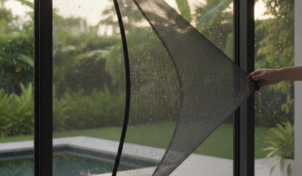 لقطة قريبة توضح سهولة استخدام شبك نامس متحرك على واجهة زجاجية تطل على منظر البحر وكراسي الاسترخاء.