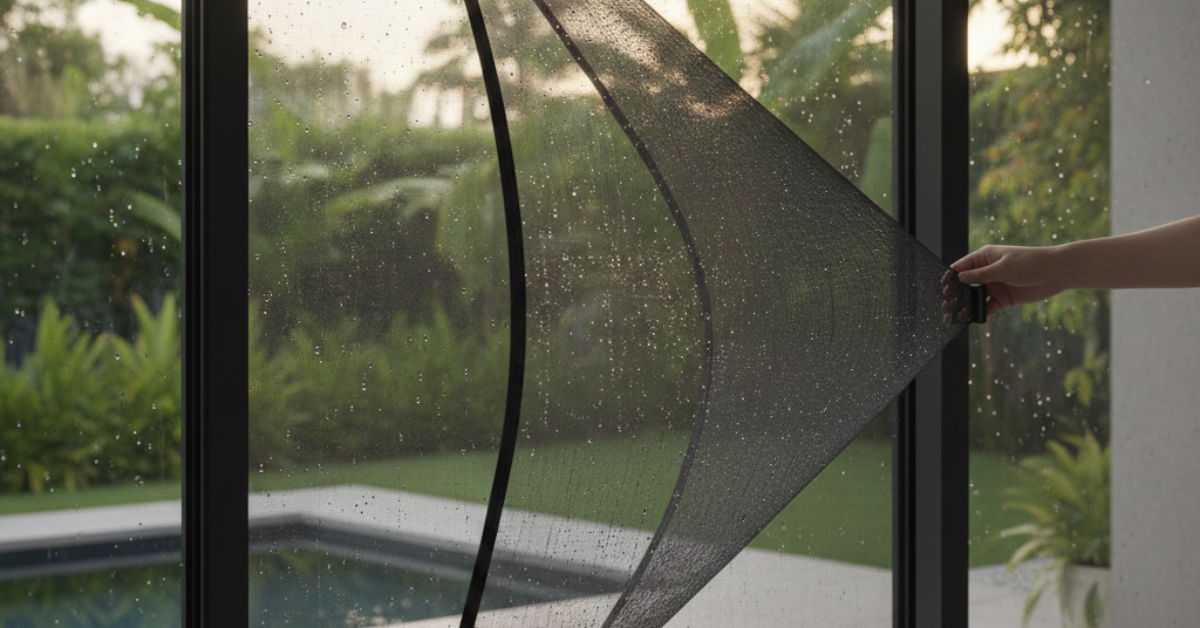 لقطة قريبة توضح سهولة استخدام شبك نامس متحرك على واجهة زجاجية تطل على منظر البحر وكراسي الاسترخاء.