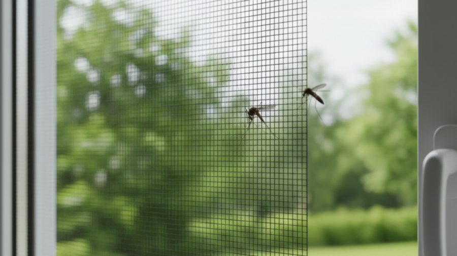 حشرات تحاول اختراق شبك ناموس قوي مثبت على إطار نافذة أبيض حديثة لمنع دخول الناموس للمنزل.