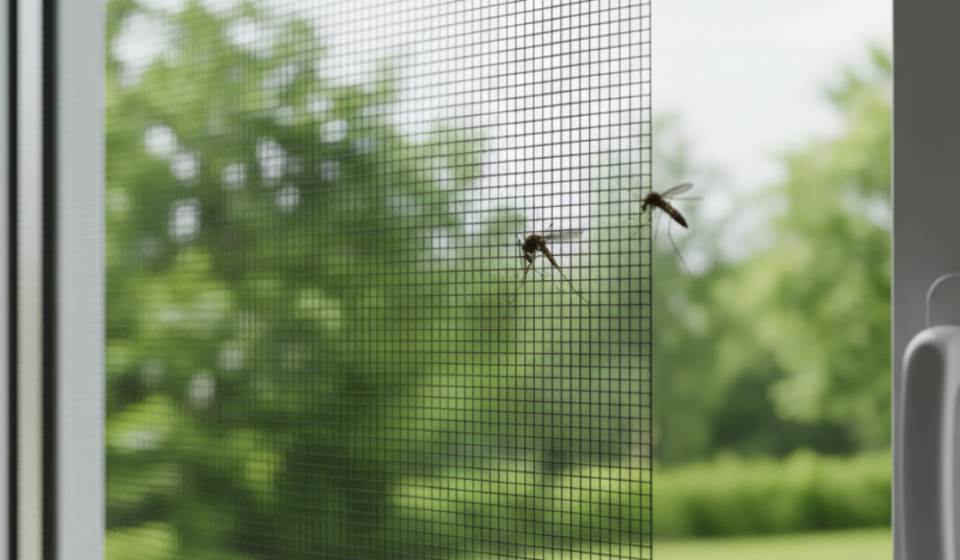 حشرات تحاول اختراق شبك ناموس قوي مثبت على إطار نافذة أبيض حديثة لمنع دخول الناموس للمنزل.
