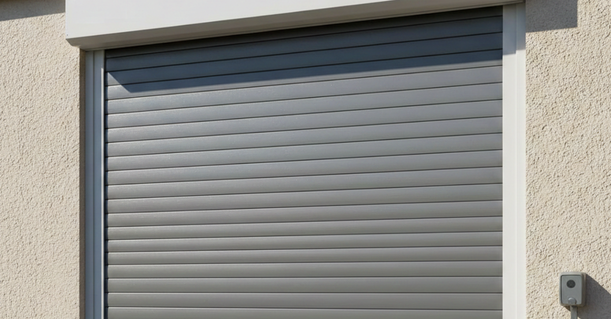 شتر شباك حماية خارجي باللون الرمادي الفاتح مثبت على واجهة منزل حديثة مع صندوق علوي ظاهر ونظام تحكم جانبي.