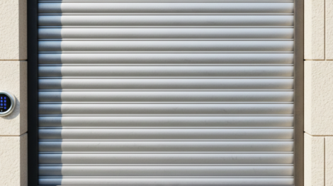 شتر شباك حماية ألومنيوم باللون الفضي مع لوحة تحكم رقمية (Keypad) ذكية مثبتة على جدار حجري لزيادة الأمان والخصوصية.