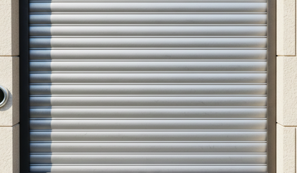 شتر شباك حماية ألومنيوم باللون الفضي مع لوحة تحكم رقمية (Keypad) ذكية مثبتة على جدار حجري لزيادة الأمان والخصوصية.