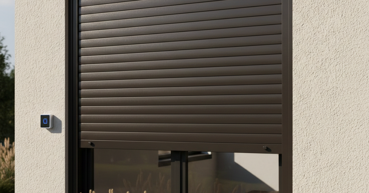 شتر شباك حماية مودرن باللون البني الغامق في حالة إغلاق جزئي يوضح كيفية حجب الضوء وتأمين النوافذ الزجاجية الكبيرة.
