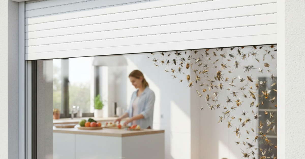 سيدة تعمل في المطبخ بأمان خلف شتر مانع للحشرات الذي يمنع دخول أسراب الحشرات، مما يضمن بيئة طهي نظيفة وصحية.